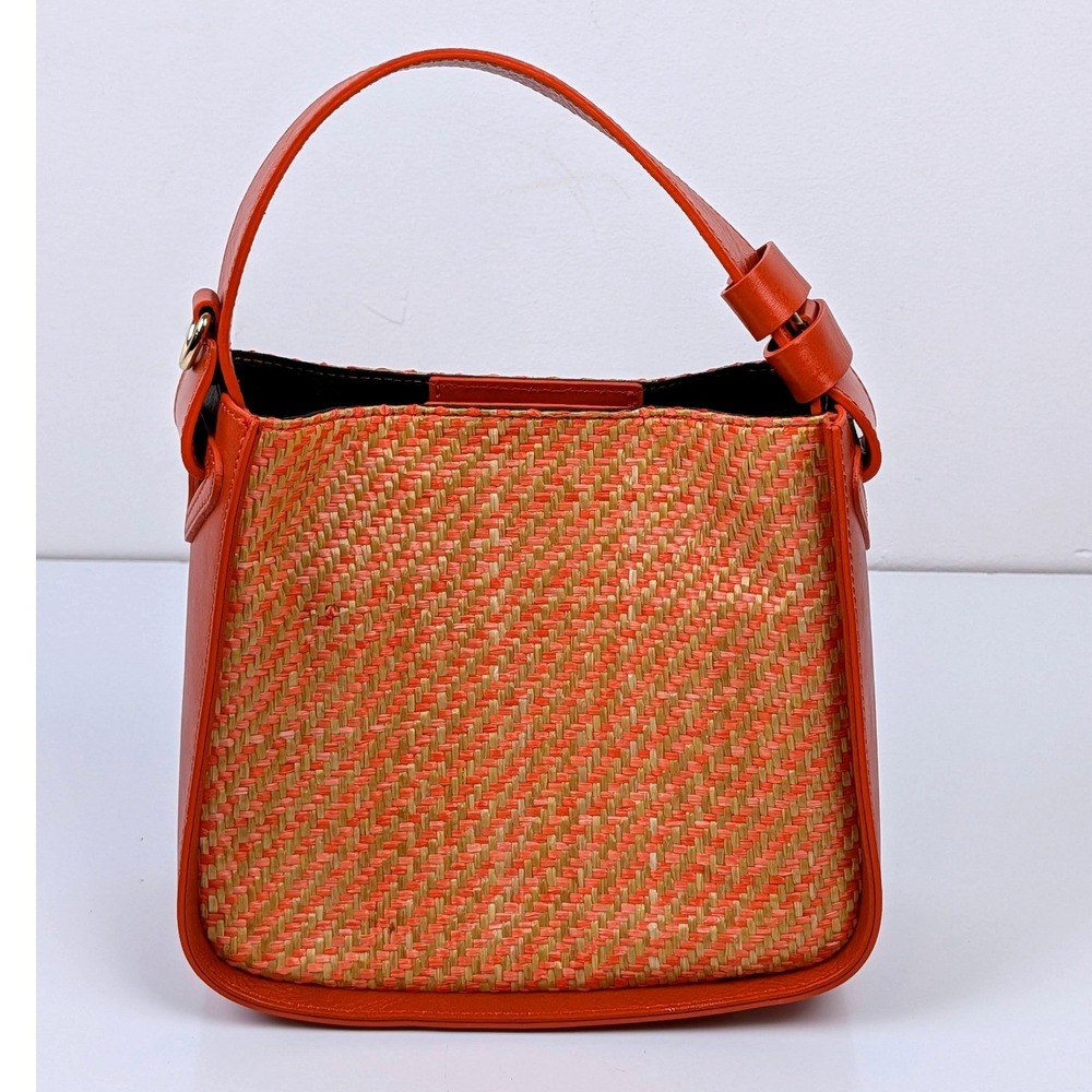 Anna Paola Italy Cognac Leather and Woven Straw Bucket Bag Top Handle Handbag